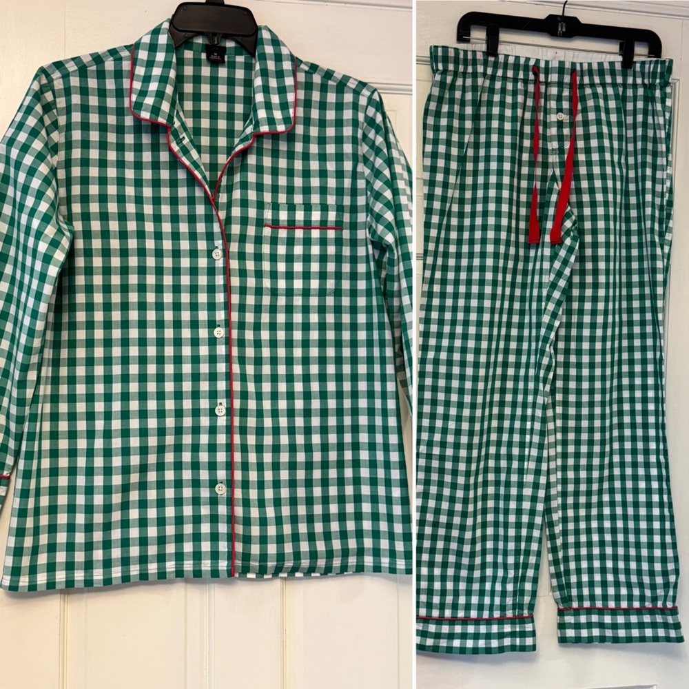 J. Crew Green and White Gingham Pajama Set with Red Piping